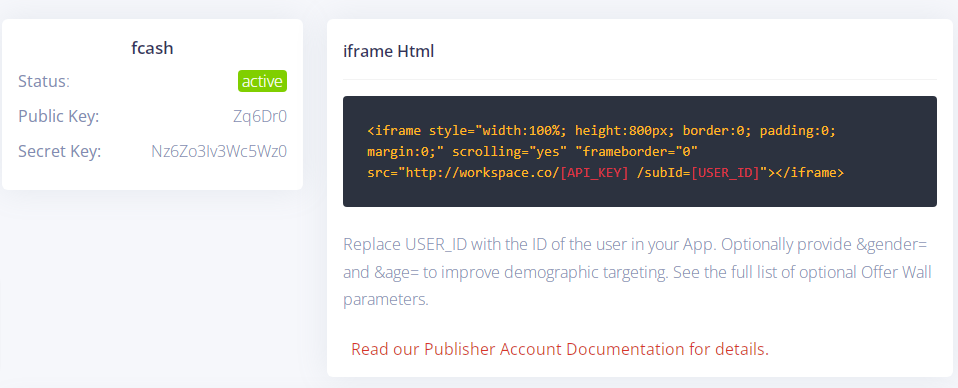 Offerwall integration HTML code